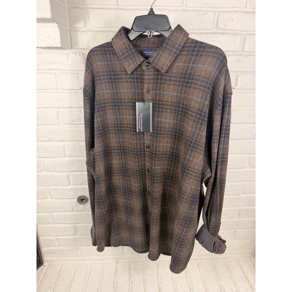 Roundtree & Yorke XXL Brown Blue Plaid Stretch Button Up Shirt NWT Mens